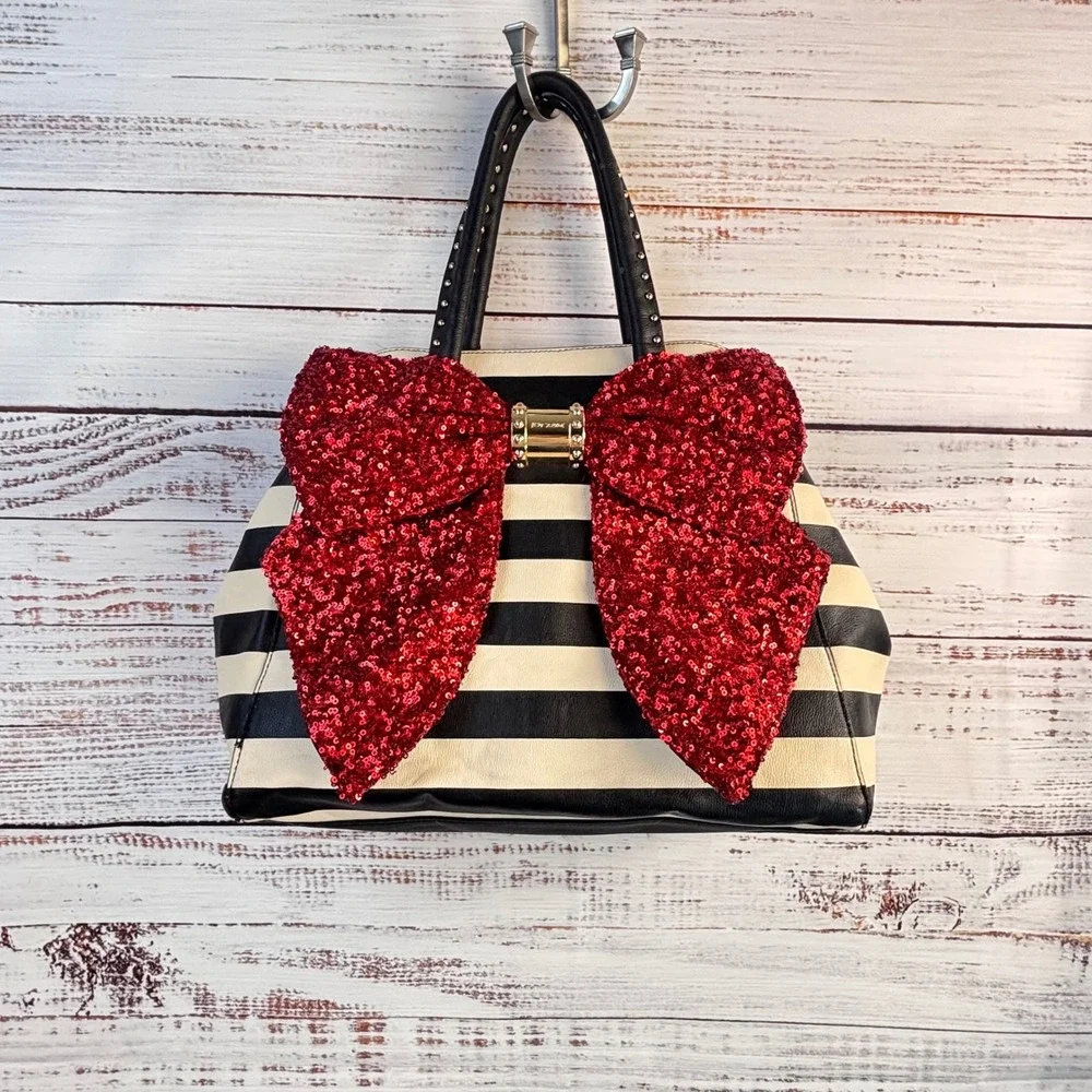 Betsey Johnson Black White Striped Satchel Red Sequin Bow Handbag Studded Handle